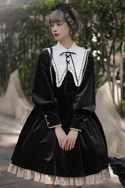 Black Velvet Fake Collar High Waist Classic Lolita OP Dress