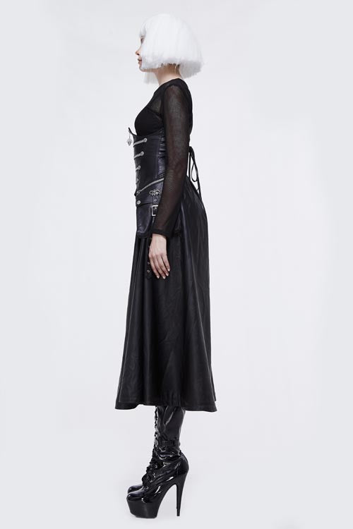 Black Chain Shaped Ribbons Zipper Up Leather Big Swing Punk Womens Half Skirt