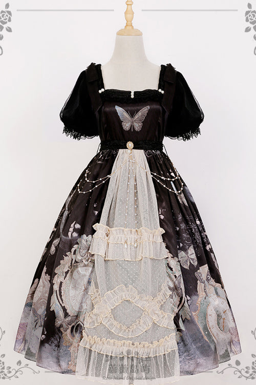 Vintage Elegant Lace Square Collar Bubble Short Sleeves Time Butterfly Print High Waisted Sweet Lolita Dress