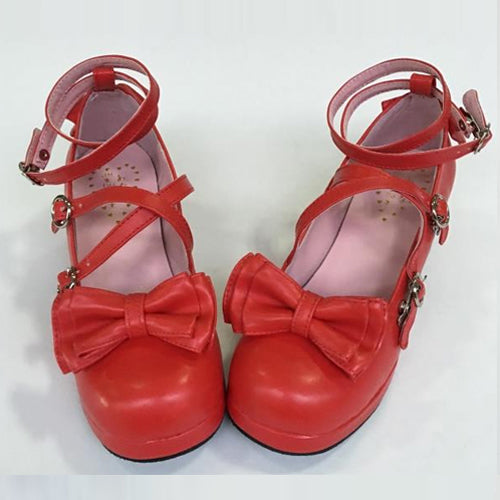 Red Bowknot Circular Buckle Low Heel Lolita Shoes