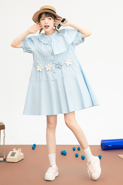 Blue Irregular Ruffled Round Collar Bubble Short Sleeves Waist With Flower Accessories High Waisted Sweet Lolita Dress