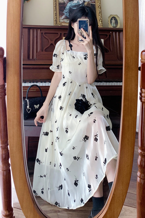 Beige French Square Collar Short Sleeves Rose Print Long Plus Size Sweet Lolita Dress