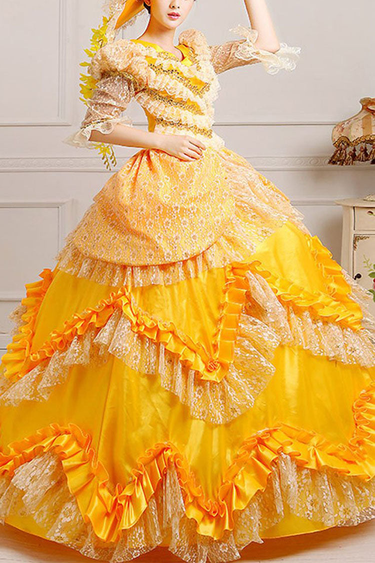 Yellow High Waisted Ruffled Multi-Layer Lace Stitching Victorian Lolita Prom Dress