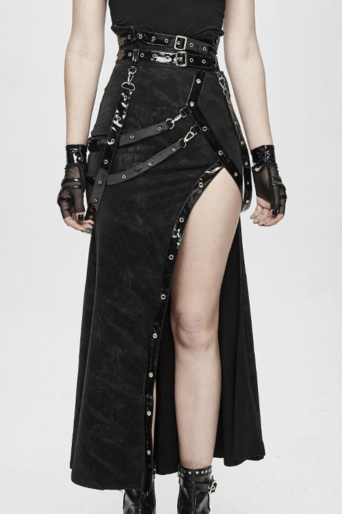 Black High Side Slit Sexy With Adjusted Loops Womens Gothic Half Skirts
