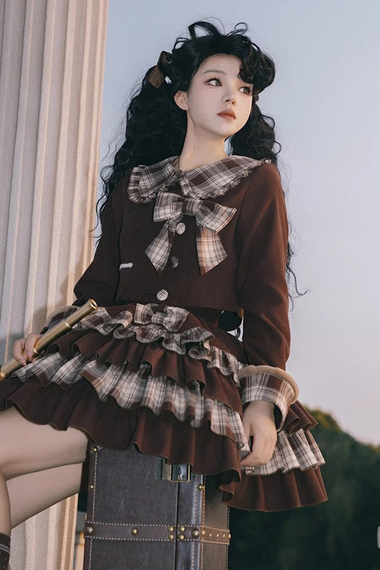 Dark Brown Multi-layer Bowknot College Style Autumn Winter Princess Sweet Lolita Skirt Set