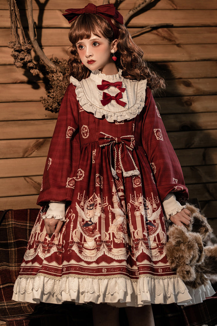 Doll Collar Lantern Long Sleeves Stitching Bear Paradise Print Ruffled Hanayome Sweet Lolita Op Dress
