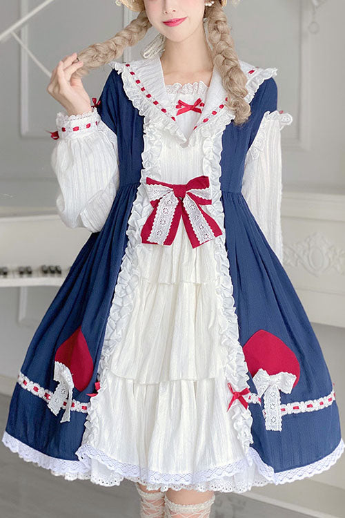 Blue/White Round Collar Bowknot Long Sleeves Multi-Layer Ruffled Sweet Lolita OP Dress