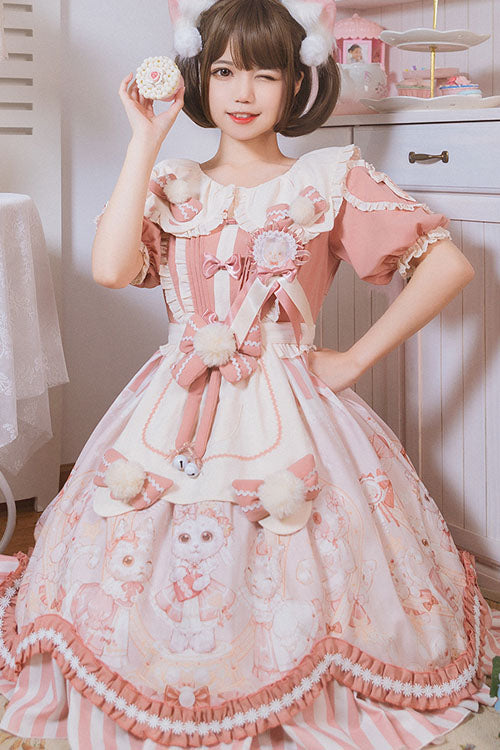 Light Pink Cat Print Square Collar Bowknot Ruffled Short Sleeves Sweet Lolita OP Dress