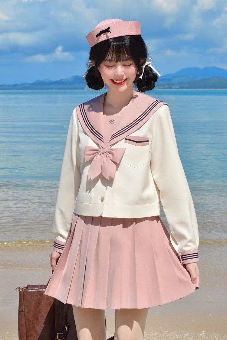 Pink/Ivory Sailor Collar Long Sleeves Sweet Japanese School Skirt Set