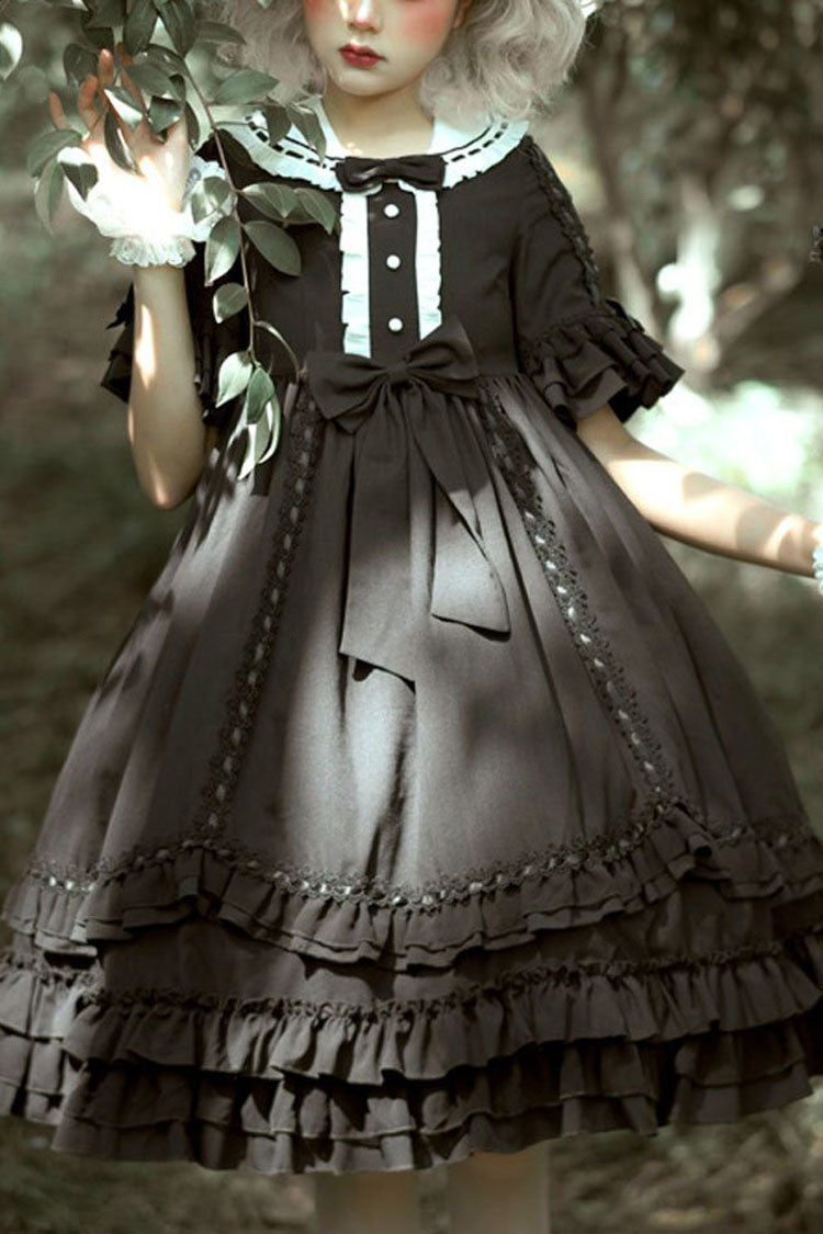 ブラック半袖ハイウエストちょう結びフリル多層ゴシックロリータOPドレス