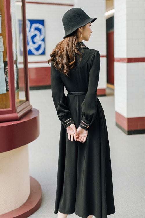 Solid Color Navy Style Vintage Lapel Collar High Waisted Long Sleeves Classic Lolita Dress