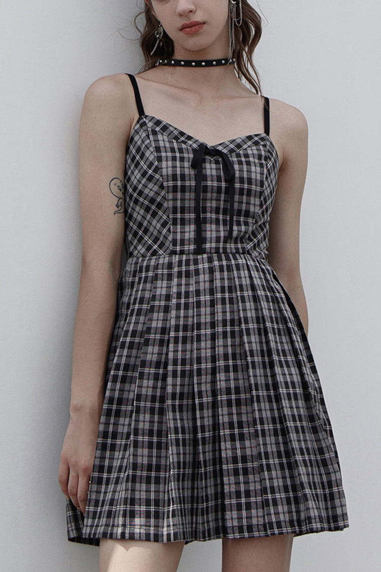 White/Black Plaid Front Chest Bow Decoration Women's Punk Slip Dress