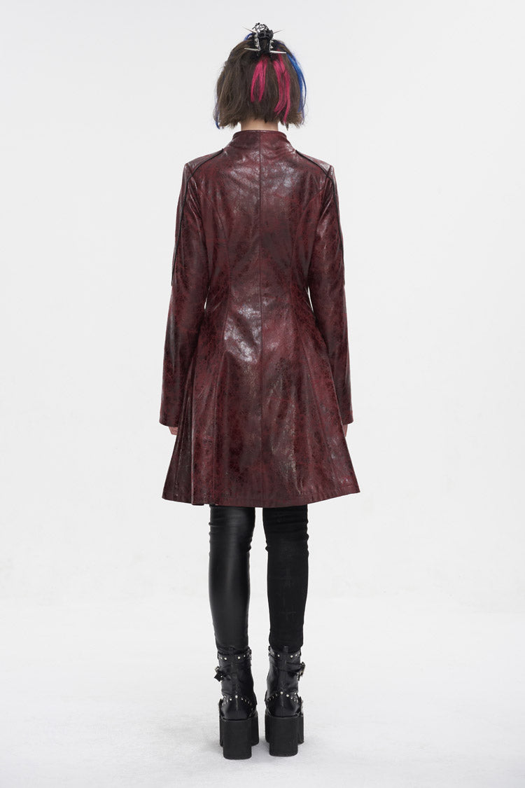 Red Double Buckle Faux Leather Long Women's Punk Coat