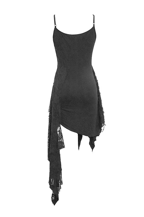 Black Asymmetrical Punk Torn Broken Holes Knitted Womens Slip Dress