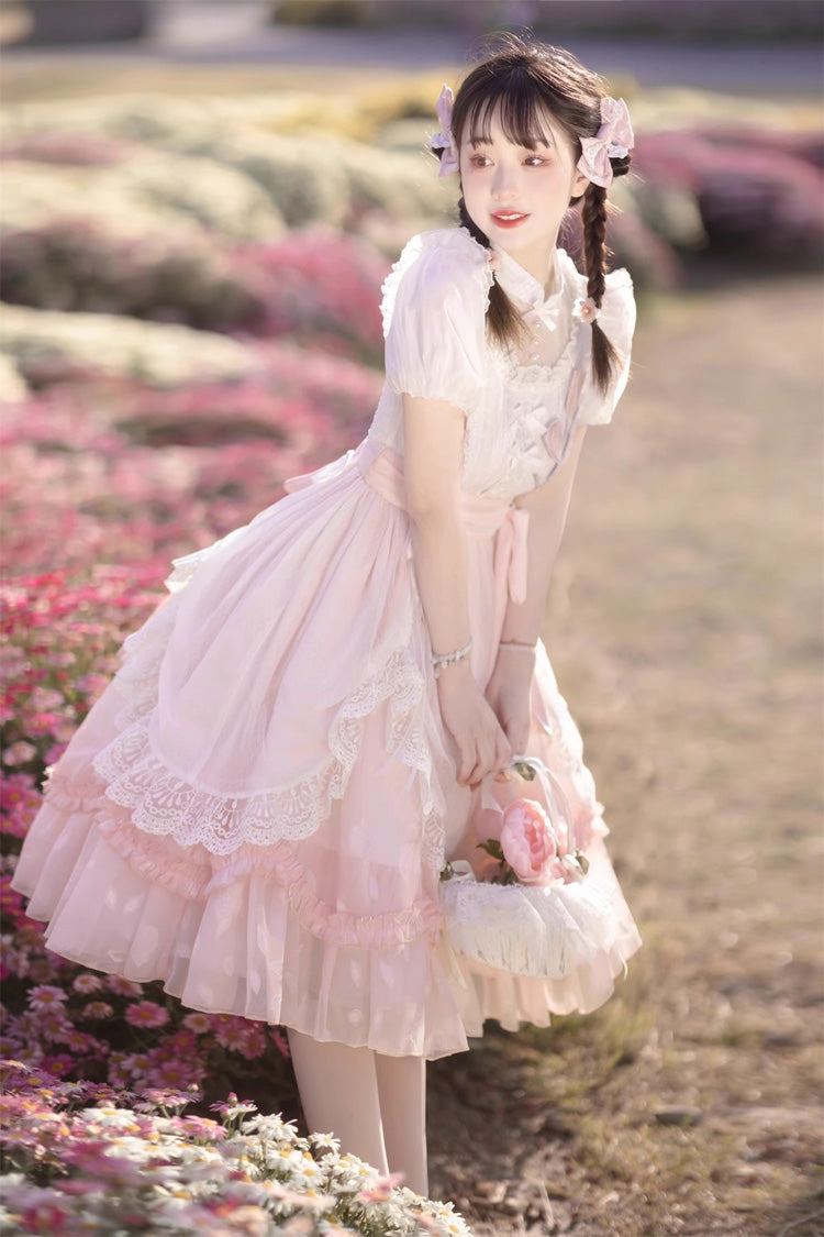 Pink Round Collar Short Sleeves Lace Ruffle Bowknot Sweet Princess Lolita Dress