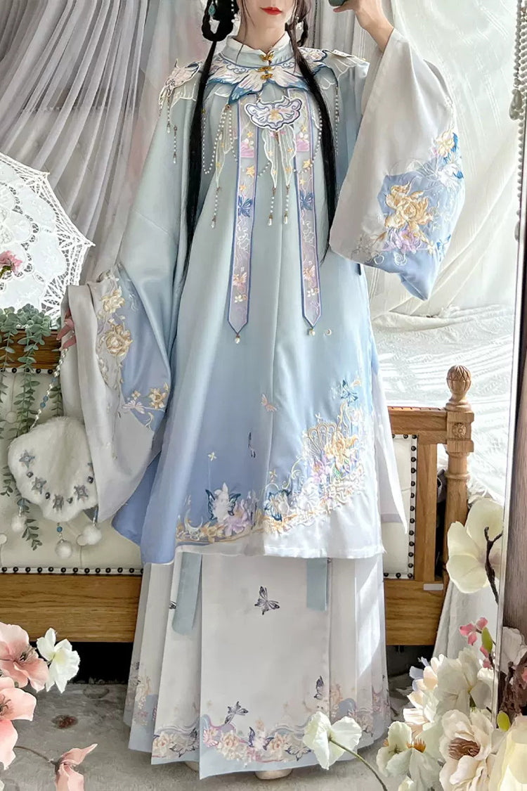 Multi-Color Stand Collar Print Embroidery Sweet Hanfu Dress