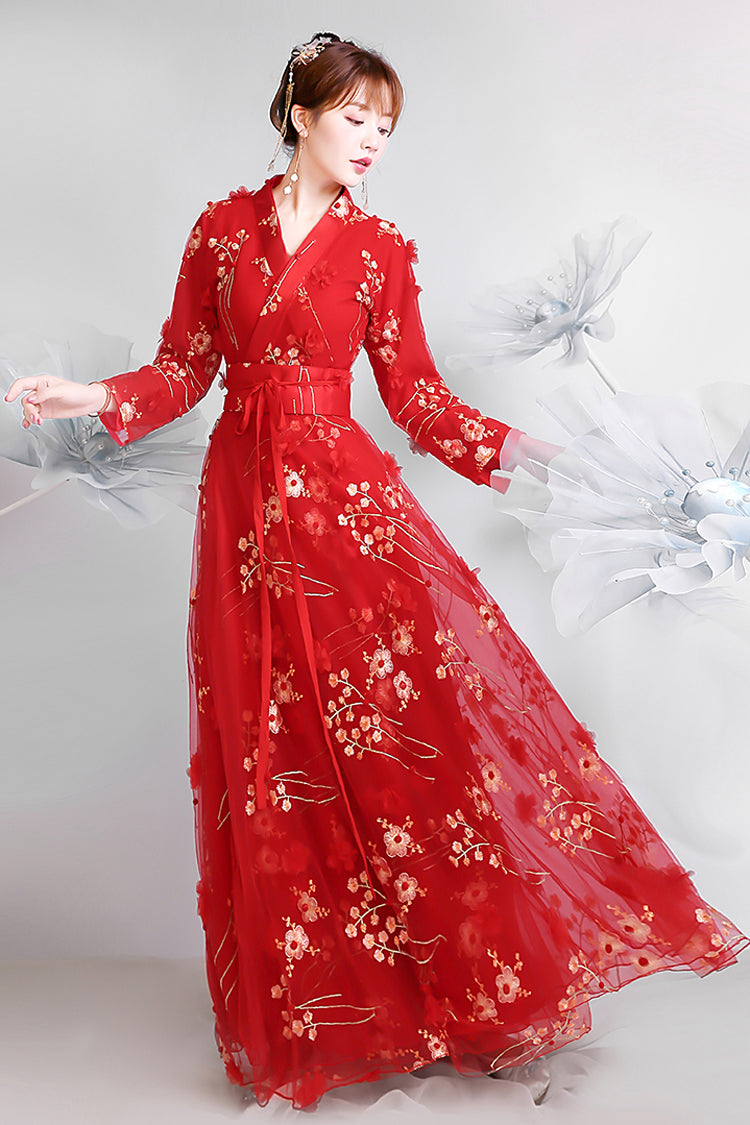 Floral Embroidery Long Sleeved Sweet Hanfu Dress