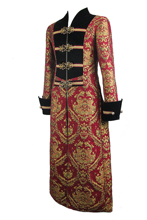 Pirate Style Red And Gold Jacquard Gothic Mens Long Coat
