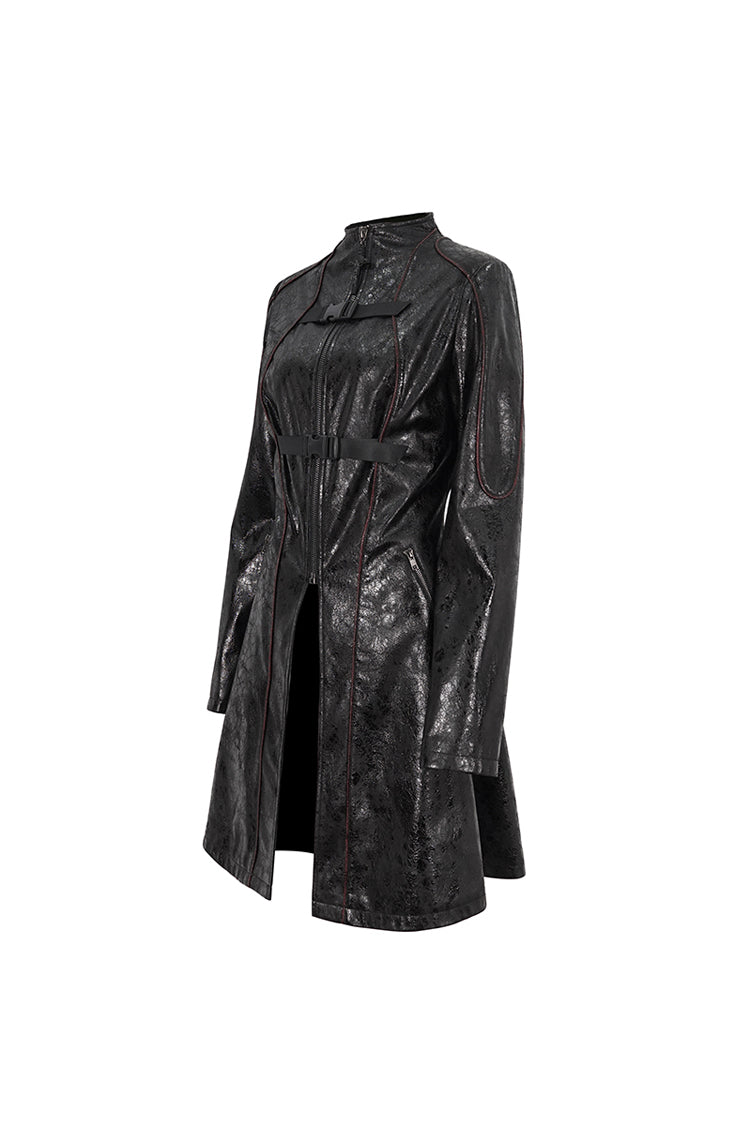 Black Double Buckle Faux Leather Long Women's Punk Coat