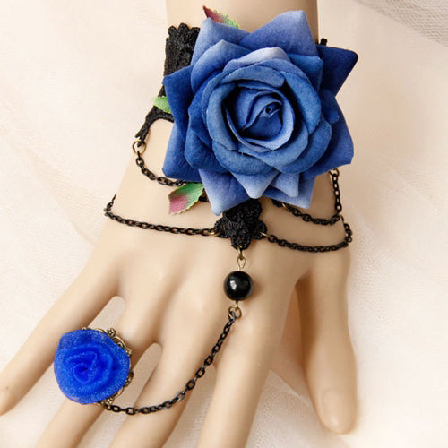 Blue Roses Halloween Prom  Hollow Black Lace Gothic Lolita Band Ring Bracelet
