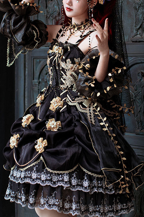 Black Vintage Elegant Court Style Embroidery Ruffled Classic Lolita JSK Dress