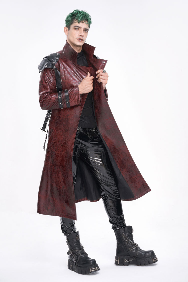 Red Stand Collar Multi Buckle Faux Long Leather Men's Punk Coat