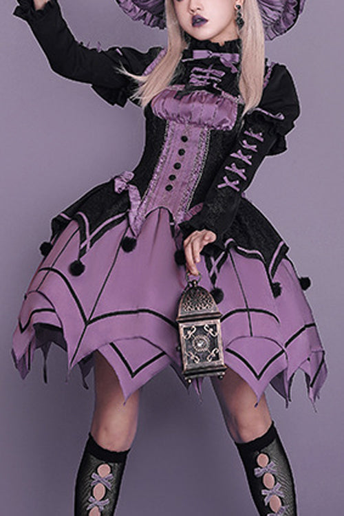 Schwarz / Lila Runder Kragen Gekräuselte Lange Ärmel Taille Unregelmäßiger Saum Kobold Süßes Lolita OP Kleid Komplettset