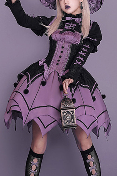 Black / Purple Round Collar Ruffled Long Sleeves Waist Irregular Hem Imp Sweet Lolita OP Dress Full Set