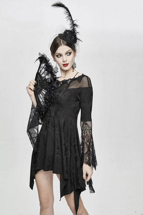 Black Horn Sleeves Off Shoulder Stretchy Knitted Sexy Lace Gothic Womens Dress