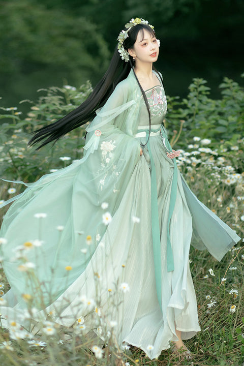 Original Chinese Han Elements Ancient Double Layer Long Sleeves Sweet Hanfu Dress Full Set