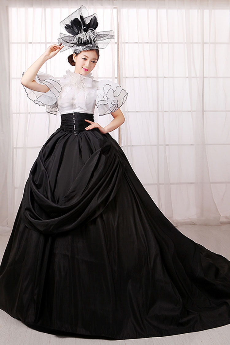 White/Black Stitching Short Sleeves High Waisted Back Zipper Bowknot Victorian Lolita Prom Dress