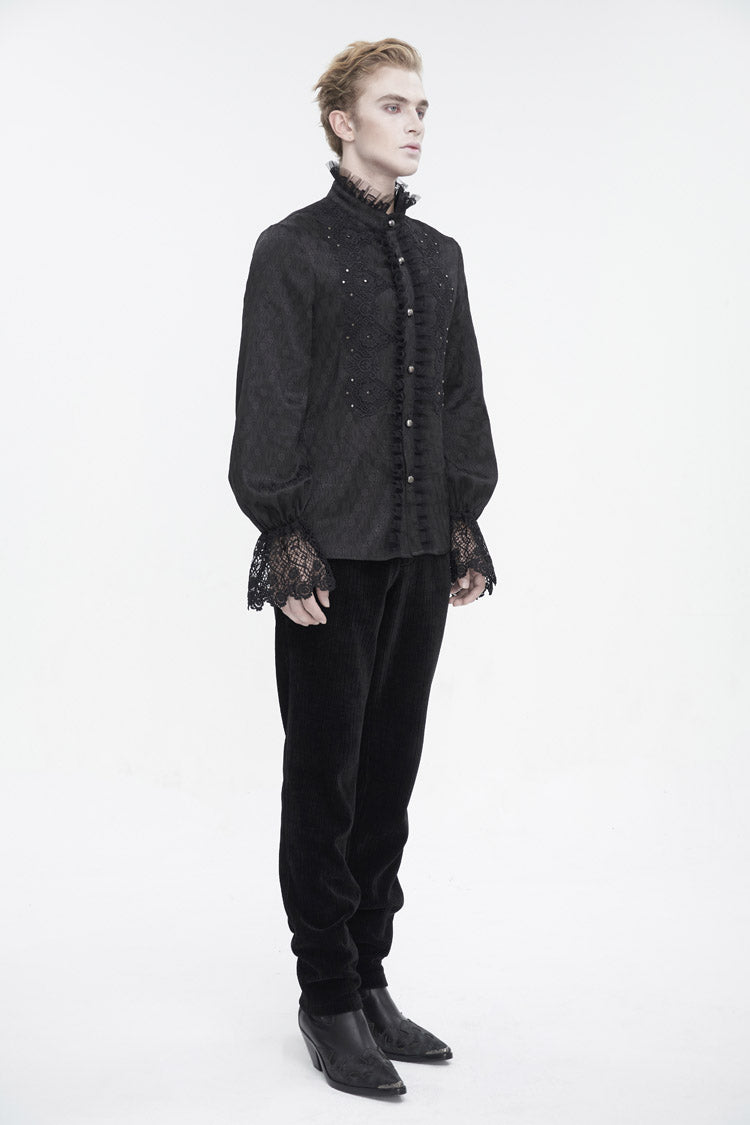 Black Stand Collar Puff Sleeved Lace Splice Men's Gothic Shirt