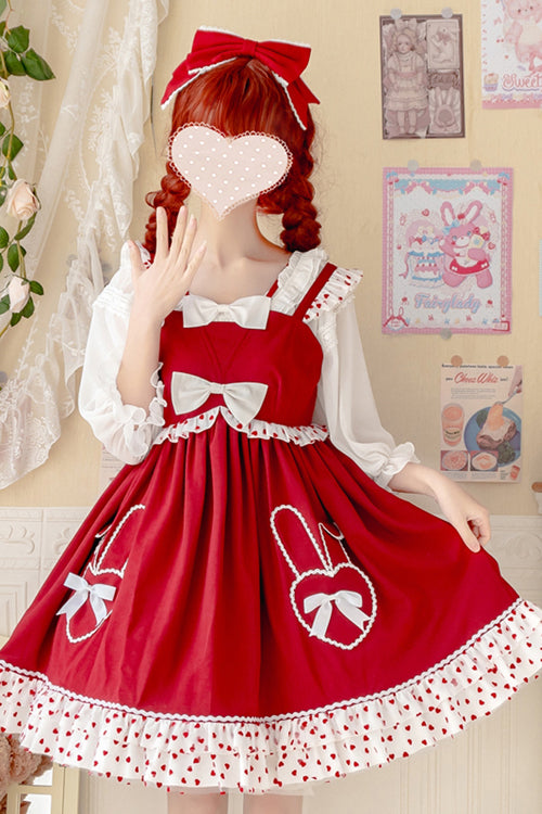 Red High Waisted Ruffled Hem Bowknot Sweet Lolita JSK Dress