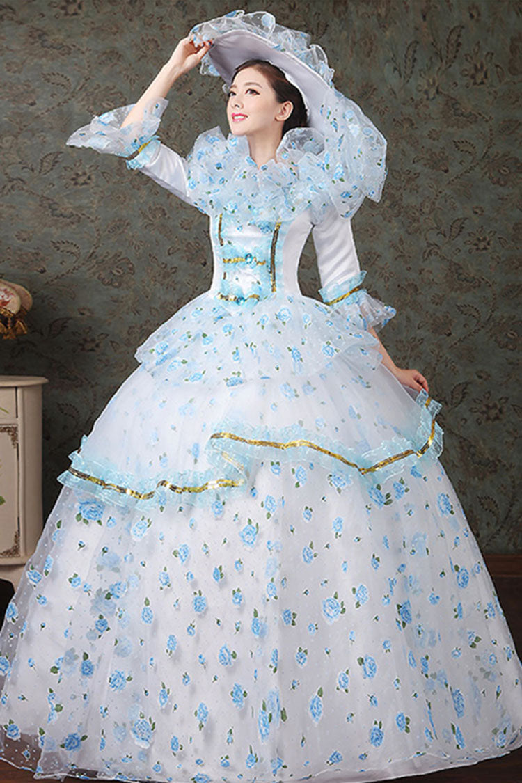 Half Sleeves Diamond Button High Waisted Hollow Embroidery Floral Print Multi-Layer Victorian Lolita Prom Dress