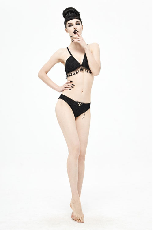 Black Dark Grain Jacquard Tassel Lace Up Gothic Swimsuit