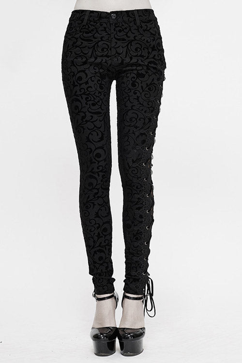 Schwarze Gothic-Hose mit Flockmuster und Schnürung, asymmetrische Seite