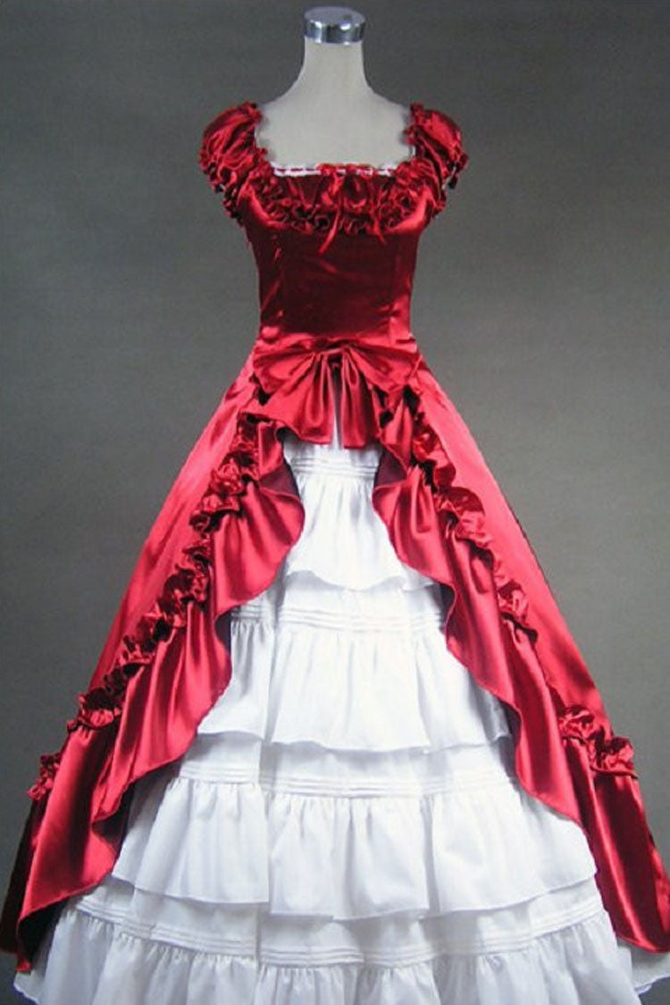 Red/White Cotton Square Collar Cap Sleeves Floor Length Pleats Bowknot Cardigan Victorian Gothic Lolita Dress