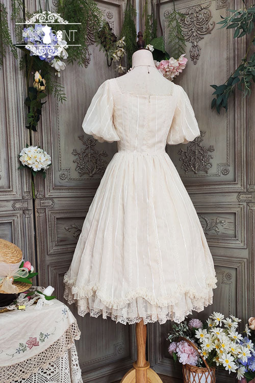 Ivory Elegant Vintage Square Collar Short Sleeves Multi-Layer Ruffled Classic Lolita OP Dress