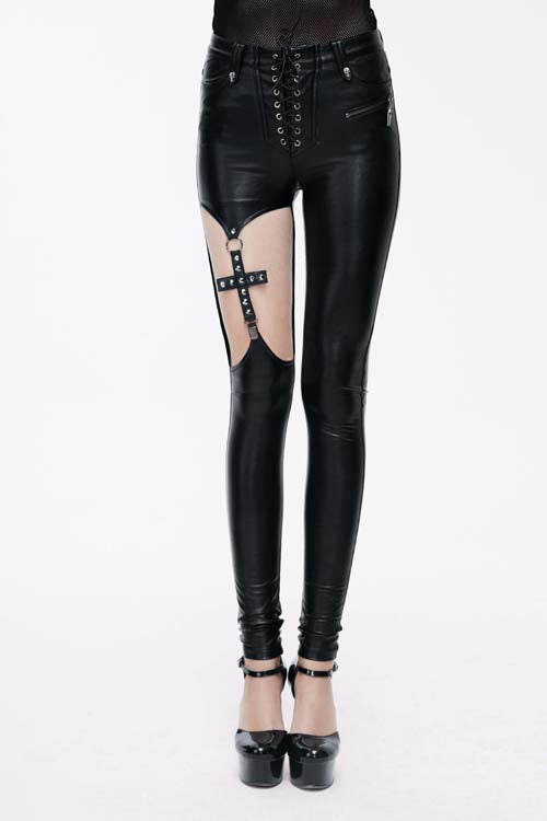 Black Hollow Out Cross Shaped Elastic Sexy Punk Tight Leather Womens Pants