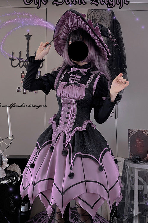 Schwarz / Lila Runder Kragen Gekräuselte Lange Ärmel Taille Unregelmäßiger Saum Kobold Süßes Lolita OP Kleid Komplettset