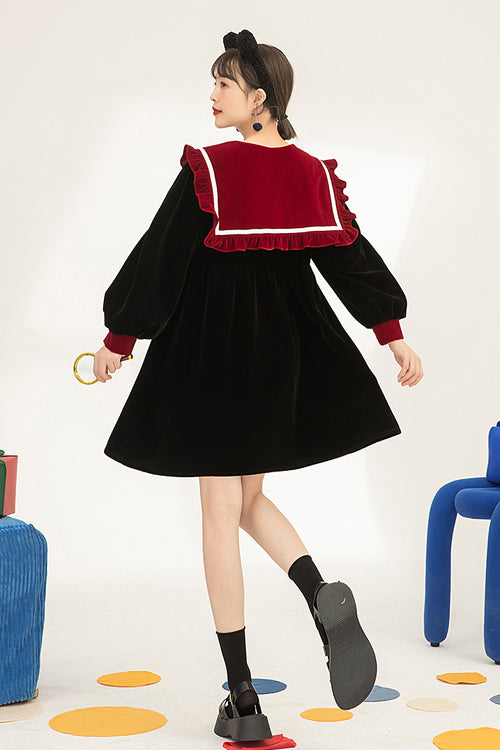 Black Velvet Cat Eye Neck Long Sleeves High Waisted Sweet Lolita OP Dress