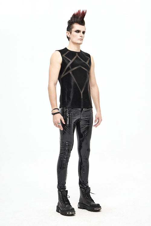 Black Punk Circuit Printed High Quality Stretchy Leather Tight Mens Pants