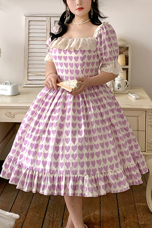 Purple Square Collar Heart Print Ruffled Short Sleeves Plus Size Sweet Lolita OP Dress