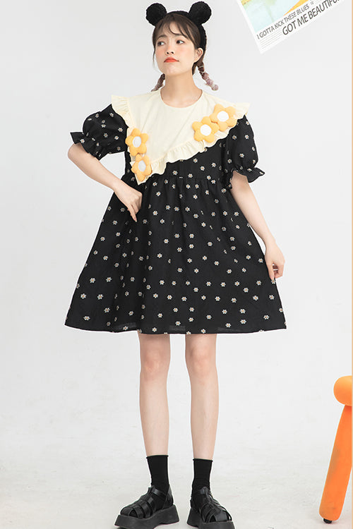 Black Ruffled Splicing Round Collar Bubble Short Sleeves Floral Print High Waisted Sweet Lolita Dress