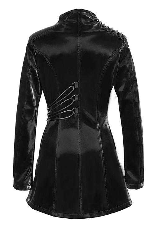 Black High Collar Slim Leather Womens Punk Coat