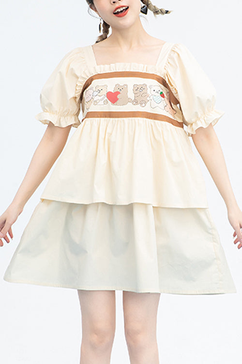 Beige Vintage Square Collar Ruffled Short Sleeves Cartoon Bear Print High Waisted Sweet Lolita Dress