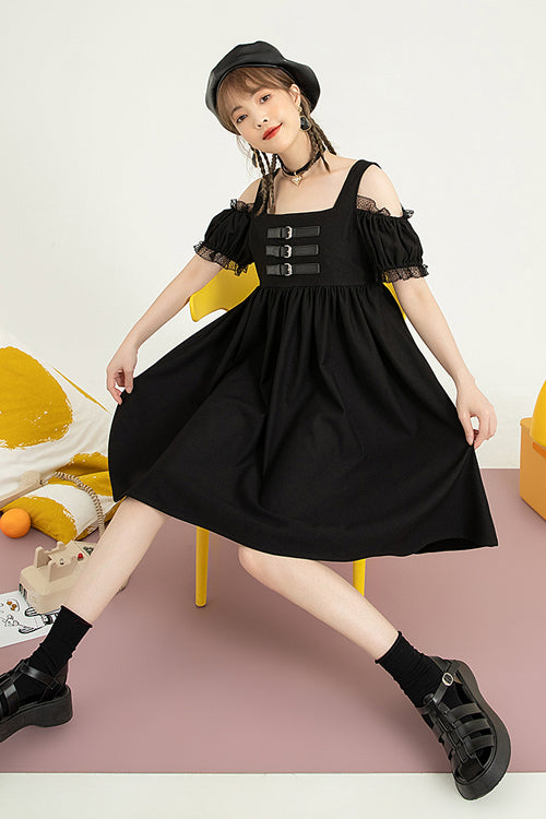 Black Puff Short Sleeve High Waisted Two Ways To Wear Before And After Sweet Lolita Dress