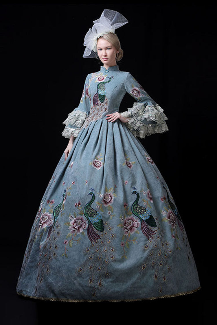 Blue Multi-Layer Trumpet Sleeves High Waisted Peacock Embroidery Print Victorian Lolita Prom Dress