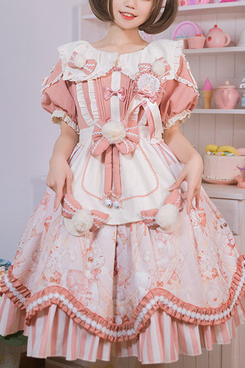 Light Pink Cat Print Square Collar Bowknot Ruffled Short Sleeves Sweet Lolita OP Dress