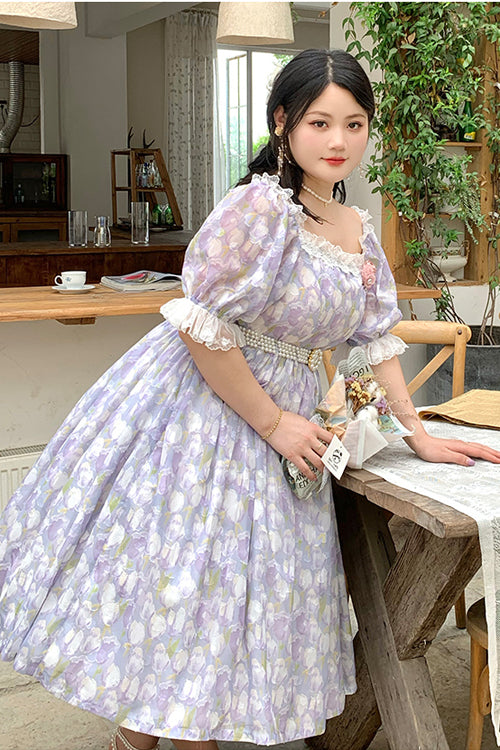 Boat Neck Ruffled Short Sleeves Plus Size Tulips Floral Print High Waisted Sweet Lolita OP Dress
